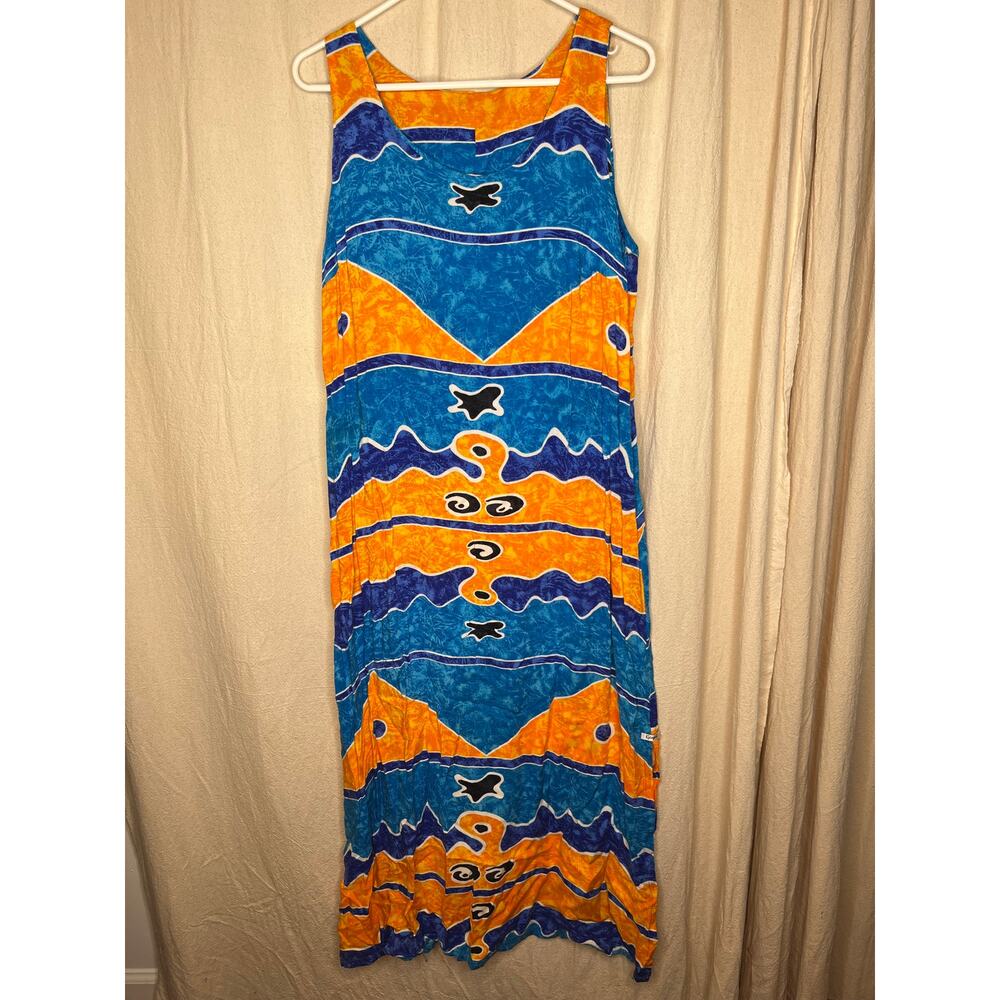 1990s Geofa Abstract Painting Artsy Island Resort Muslin Cotton Volup Dress L